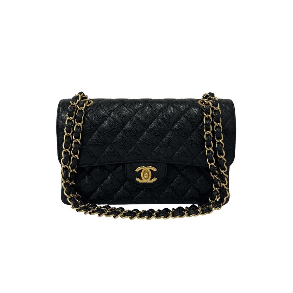 CHANEL Matelassé Coco Mark Double Flap Caviar Skin Shoulder Bag Black 39525
